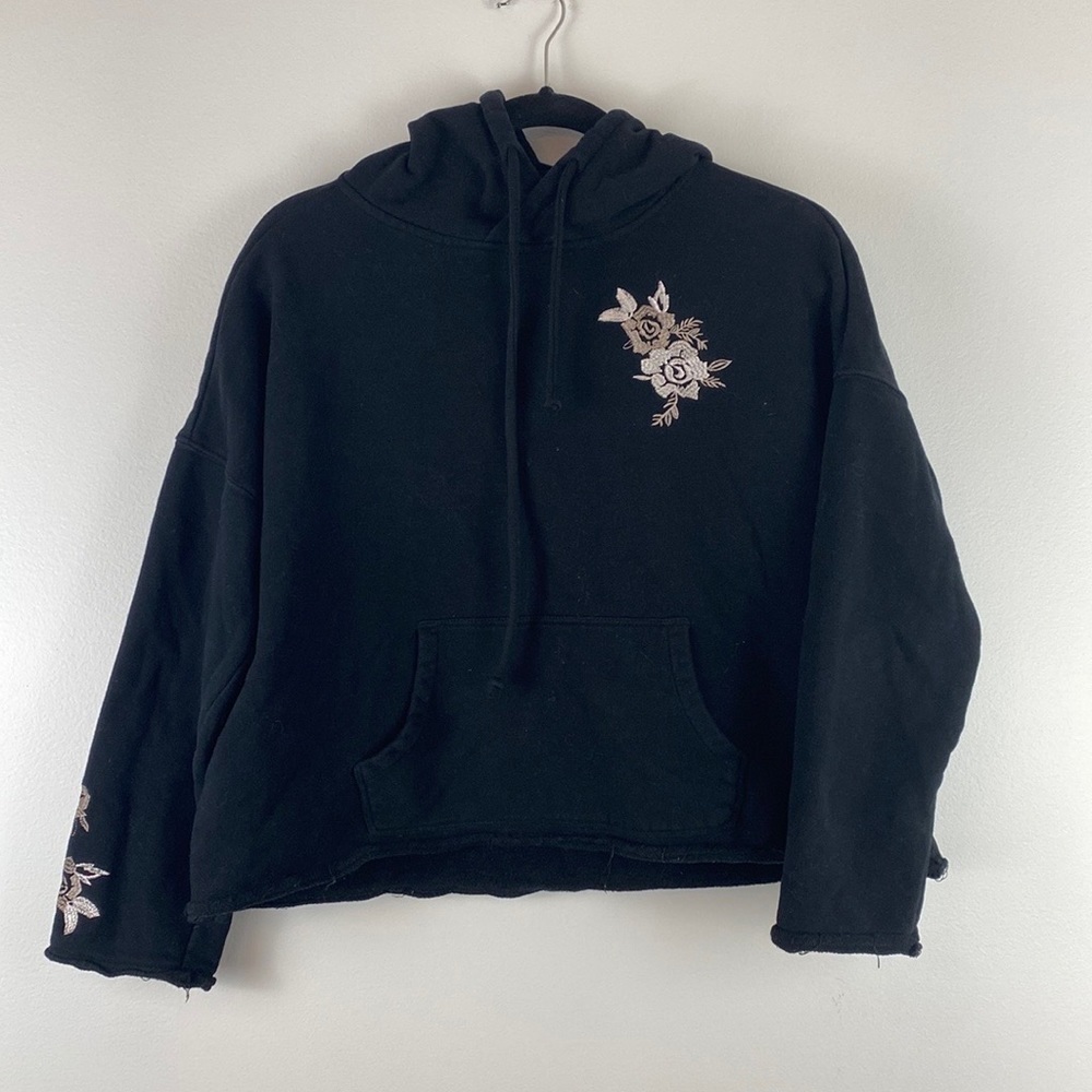Embroidered Black Floral Cropped Sweatshirt Hoodie Size Large L
